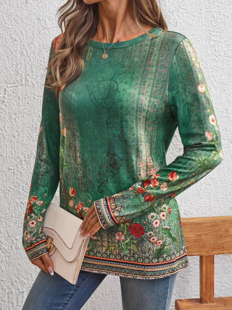 AUTOMET Womenâ€˜s Basic Long Sleeve Crewneck, Plus Size Winter & Spring Top, Casual Fall Tee for Teacher & Everyday Outfits 01FloralGreen L - Image 3