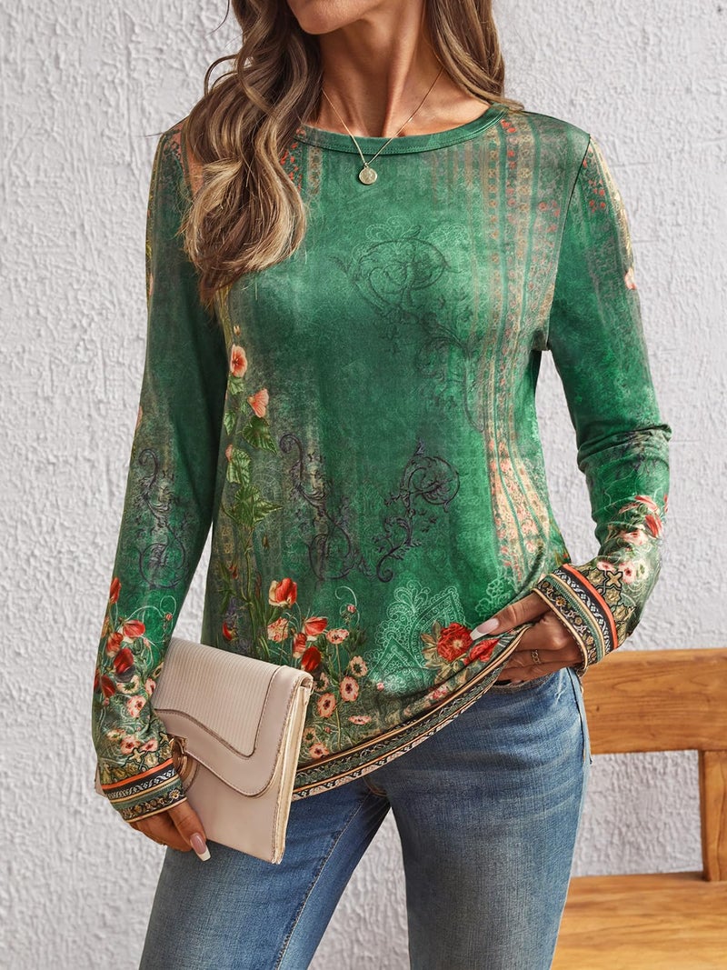AUTOMET Womenâ€˜s Basic Long Sleeve Crewneck, Plus Size Winter & Spring Top, Casual Fall Tee for Teacher & Everyday Outfits 01FloralGreen L - Image 2