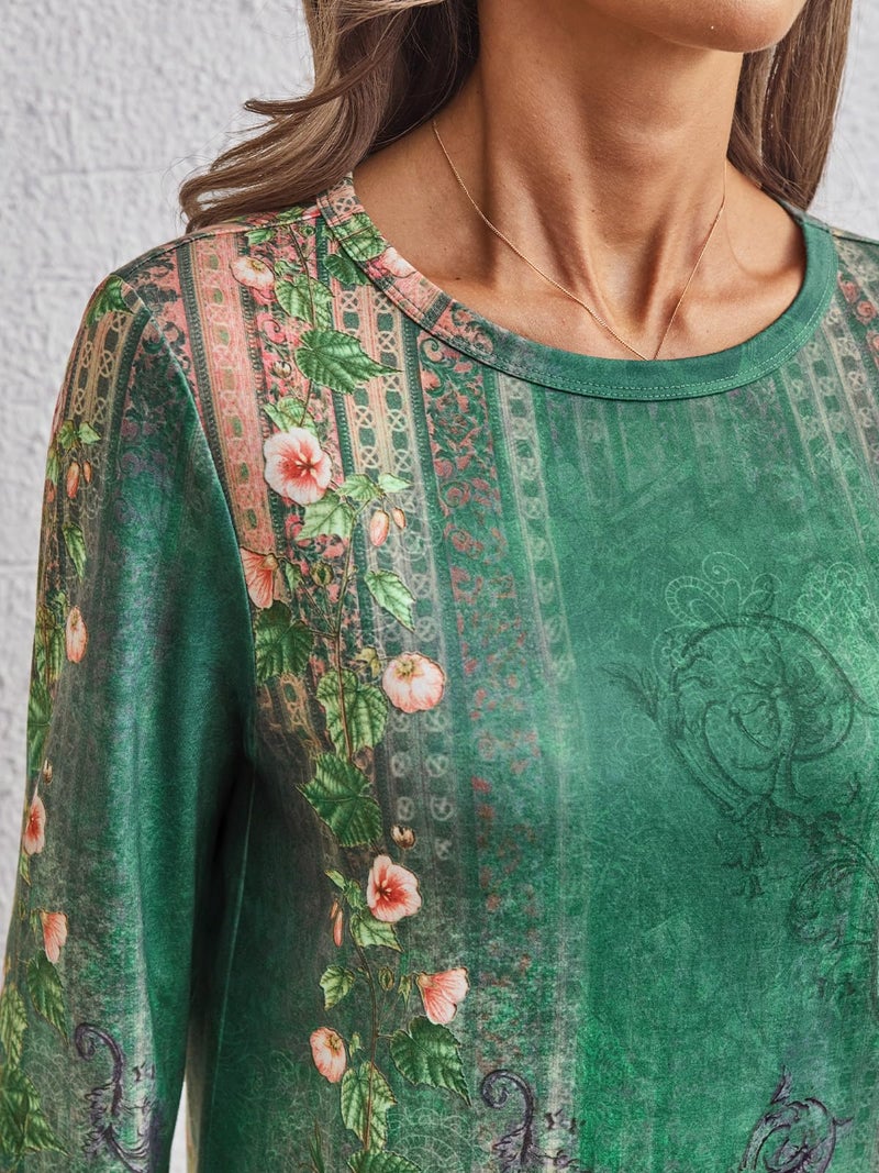 AUTOMET Womenâ€˜s Basic Long Sleeve Crewneck, Plus Size Winter & Spring Top, Casual Fall Tee for Teacher & Everyday Outfits 01FloralGreen L - Image 5