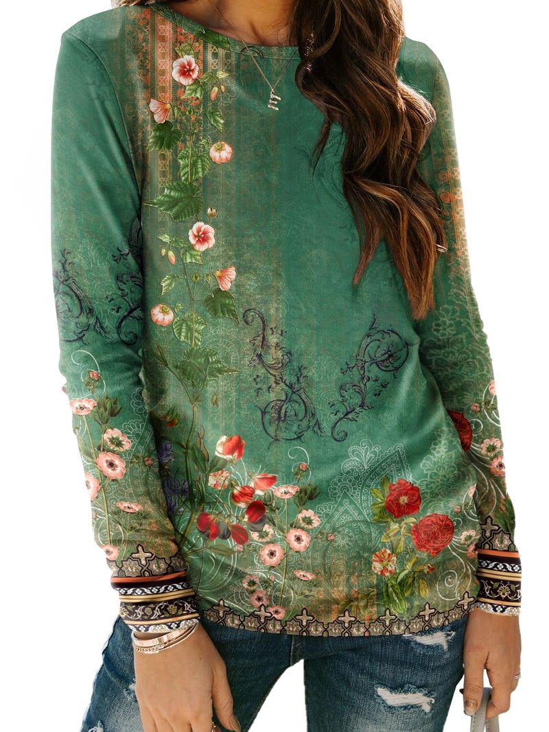 AUTOMET Womenâ€˜s Basic Long Sleeve Crewneck, Plus Size Winter & Spring Top, Casual Fall Tee for Teacher & Everyday Outfits 01FloralGreen L - Image 1