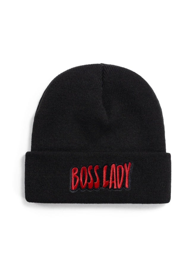 BOSS Black Knitted Beanie with Red "BOSS LADY" Embroidery