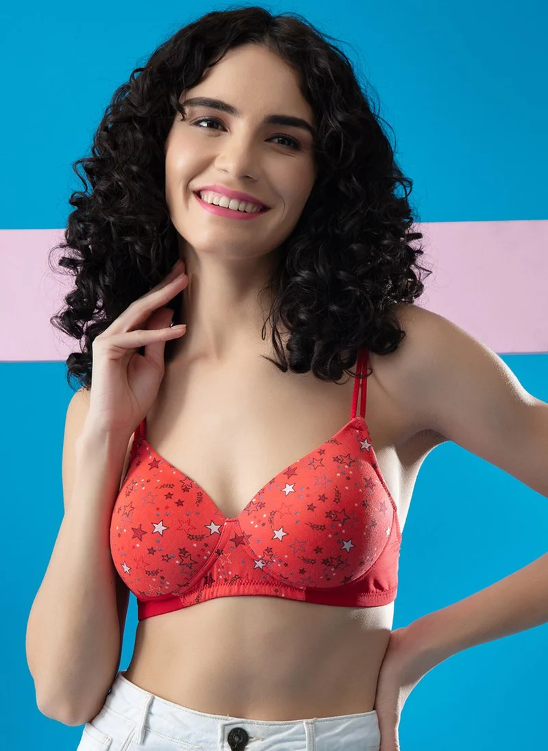 Clovia Clovia Padded Non-Wired Full Cup Star Print T-shirt Bra in Red