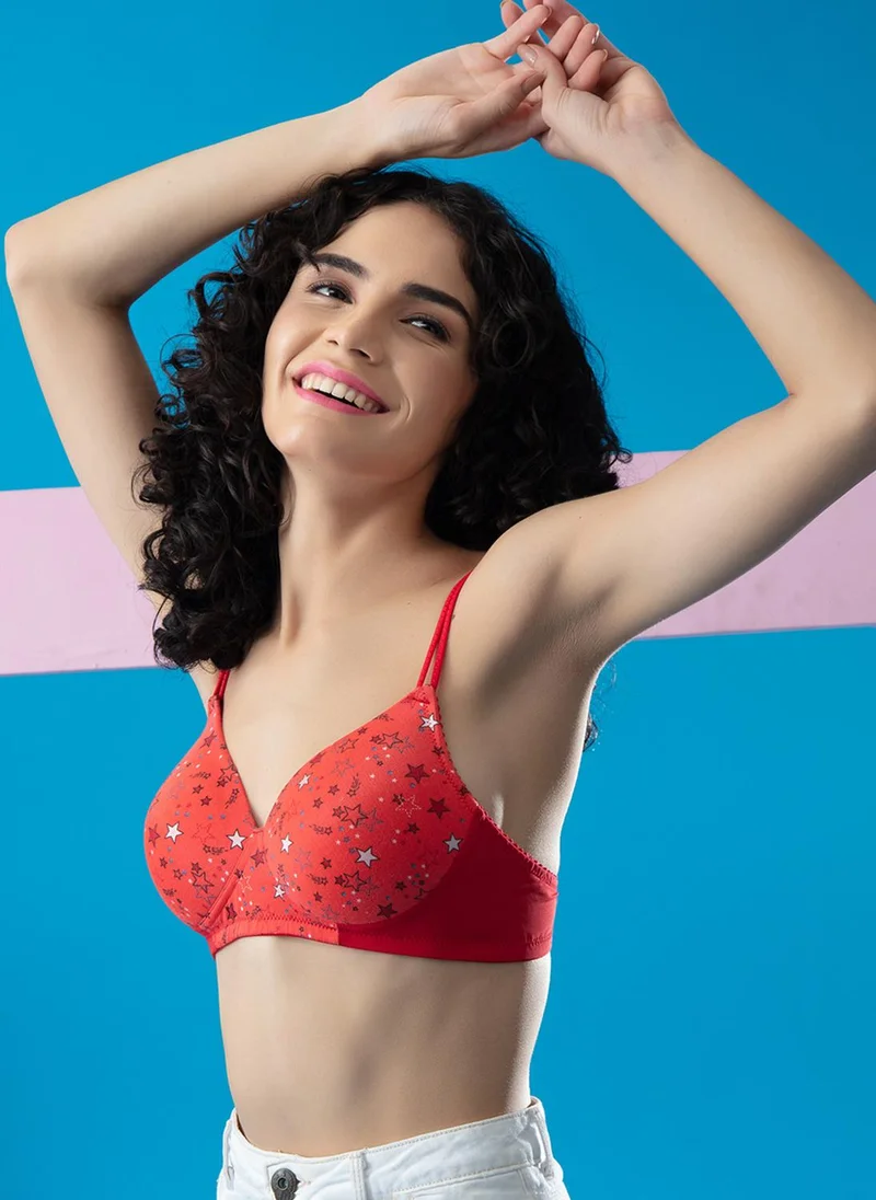 Clovia Clovia Padded Non-Wired Full Cup Star Print T-shirt Bra in Red