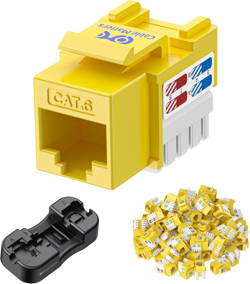 CableMatters [UL Listed] 25-Pack 10Gbps Cat6 Keystone Jacks, RJ45 Keystone Jack, Ethernet Modular Jack in Yellow with Punch-Down Stand for Patch Panel and Wall Plate - Image 1
