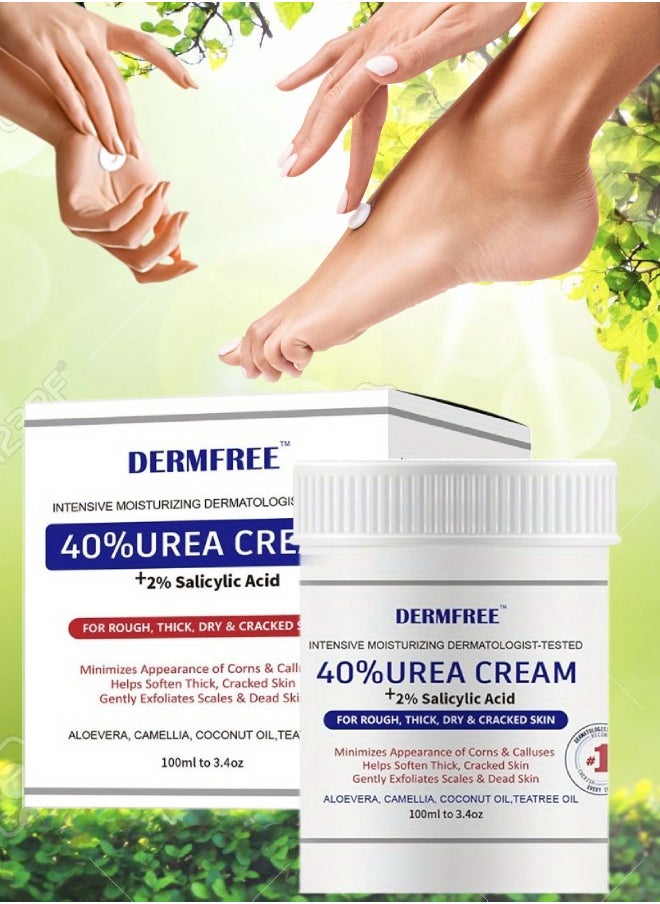 DERMFREE - 100ml 40% Urea Cream with 2% Salicylic Acid Intensive Moisturizing Hydrating Urea Cream for Rough Thick Dry Cracked Feet Hand Skin Remove Corn and Callus Exfoliates Soften Thick Dead Skin - Image 1