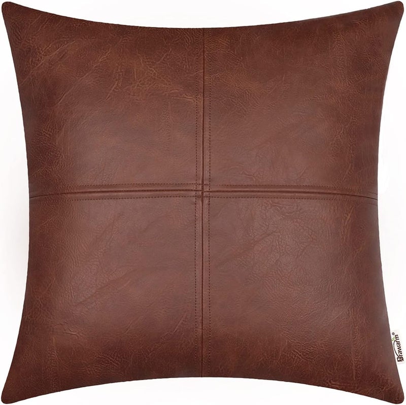BRAWARM Faux Leather Throw Pillow Covers 22 X 22 Inches, Dark Brown Leather Pillow Cover, Hand Stitched Leather Decorative Pillow Cover for Couch Sofa Bed Living Room Home Garden - Image 1