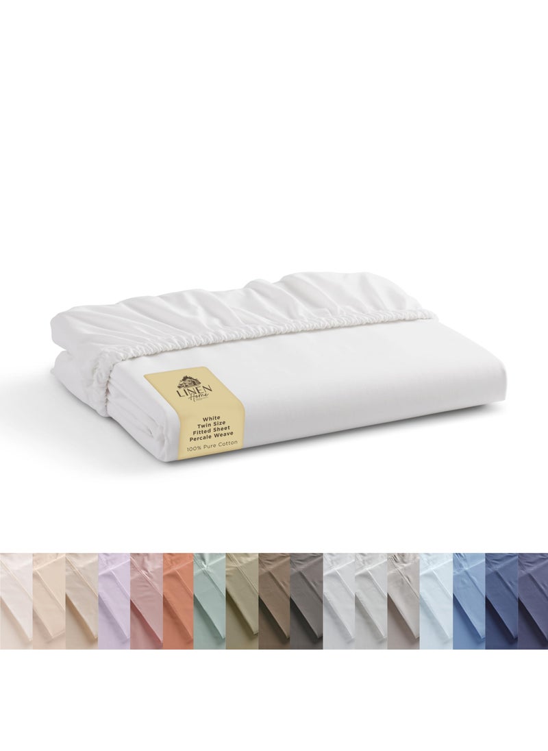 Linen Home 100% Cotton Percale Fitted Sheet Twin Size  White  1 Deep Pocket Fitted Sheet  Crisp and Cool Strong Bed Linen  39""X75""+15""  - Image 1