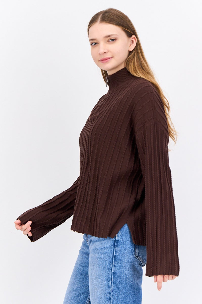 Lyle & Scott سويت شيرت محبوك برقبة مزيفة للنساء، بني - Image 2