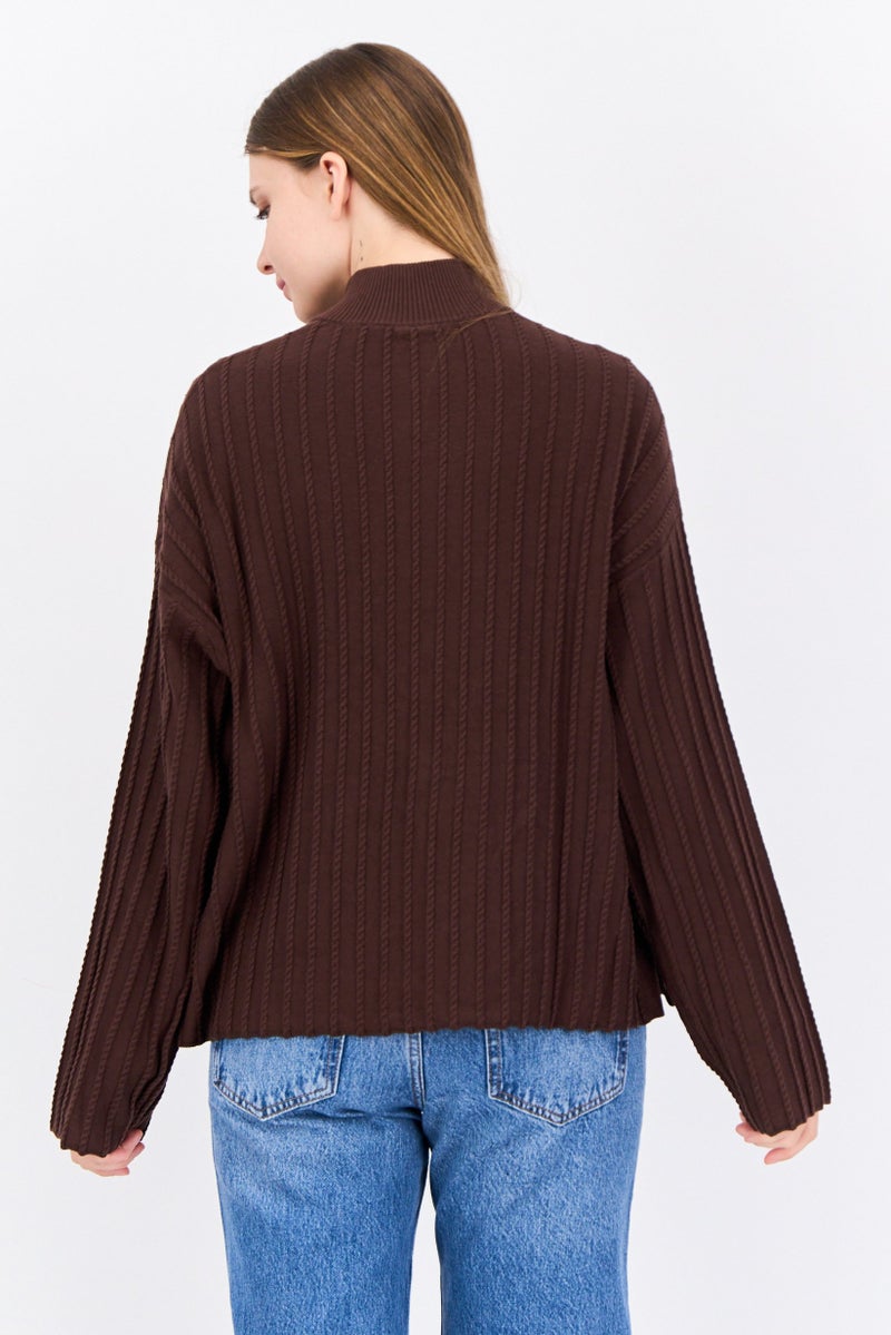 Lyle & Scott سويت شيرت محبوك برقبة مزيفة للنساء، بني - Image 3