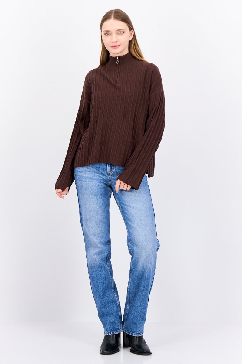 Lyle & Scott سويت شيرت محبوك برقبة مزيفة للنساء، بني - Image 4