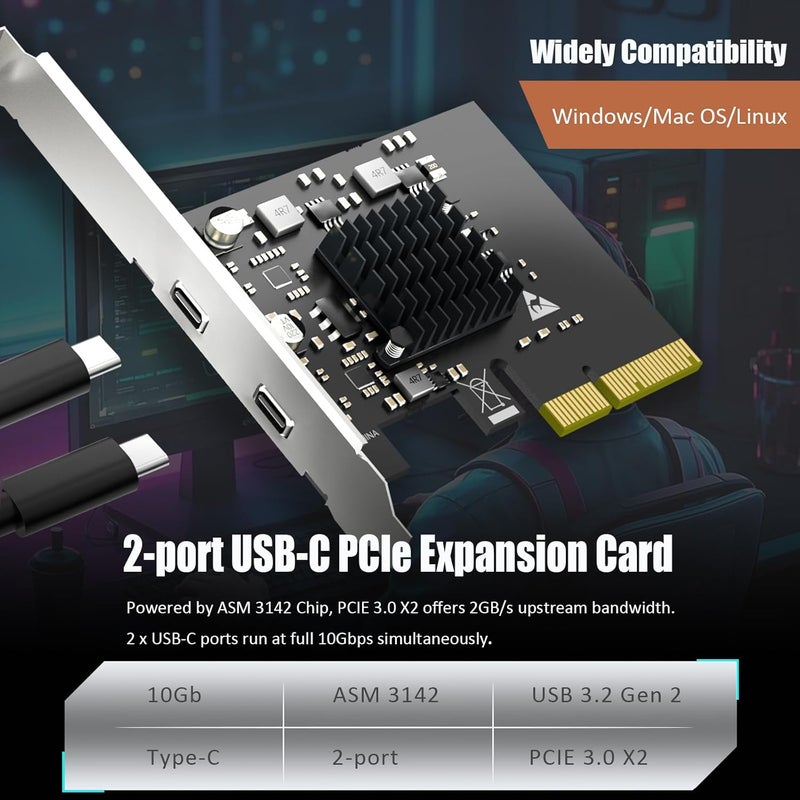 GLOTRENDS U3142C 2-Port 10Gb PCIe USB Expansion Card, 2 USB-C Ports (USB 3.2 Gen 2), PCIE X4 Interface, Compatible with Windows/Linux/macOS - Image 3