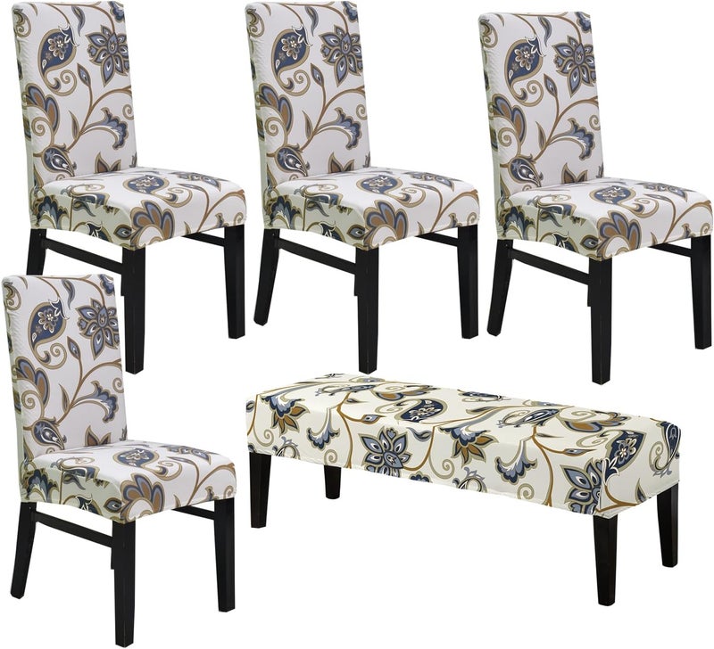 CRFATOP 4 Pieces Stretchy Dining Chair Slipcovers with Bench Cover Printed Dining Room Chair Covers Bench Seat Cushion Covers Upholstered Kitchen Seat Slipcover for Dining RoomA23 - Image 1