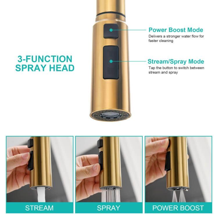 FROPO Brushed Gold Kitchen Faucet, Single Handle Gold Kitchen Sink Faucet with Pull Down Sprayer Modern Stainless Steel Brass Gold Faucet with Deck Plate 3-Function Spray Head 1 or 3 Hole - Image 2
