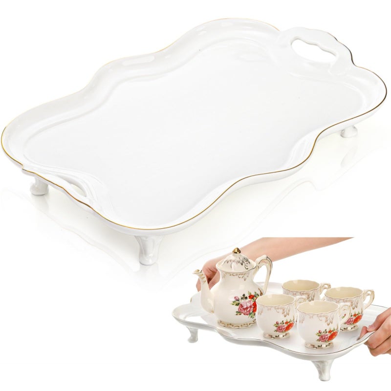 Tlence 16" Ceramic Serving Tray with Handles, Vintage Large Serving Platter, Luxury British Style Coffee Table Tray, Decorative Dish with Golden Rim, Rectangular Tea Tray for Perfume for Living Room - Image 1