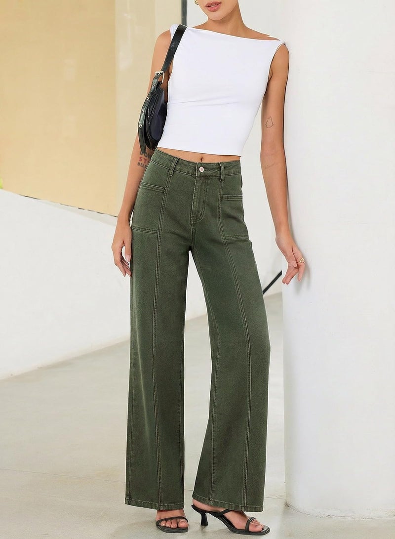 Sidefeel Women's Jeans Wide Leg High Waisted Stretchy Straight Leg Denim Pants Baggy Jeans Green Size 12 - Image 5