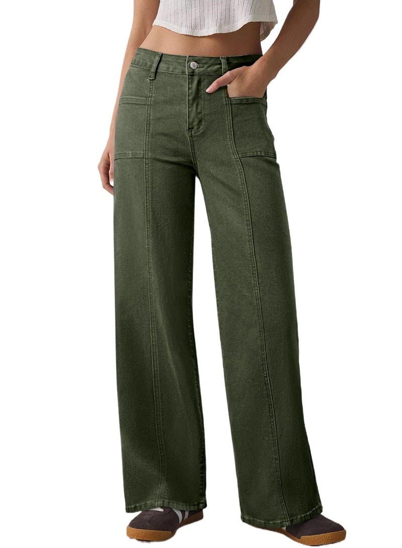 Sidefeel Women's Jeans Wide Leg High Waisted Stretchy Straight Leg Denim Pants Baggy Jeans Green Size 12 - Image 1