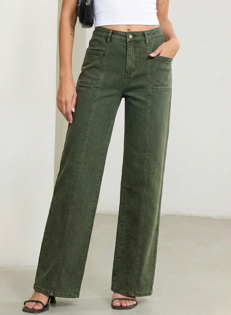 Sidefeel Women's Jeans Wide Leg High Waisted Stretchy Straight Leg Denim Pants Baggy Jeans Green Size 12 - Image 4