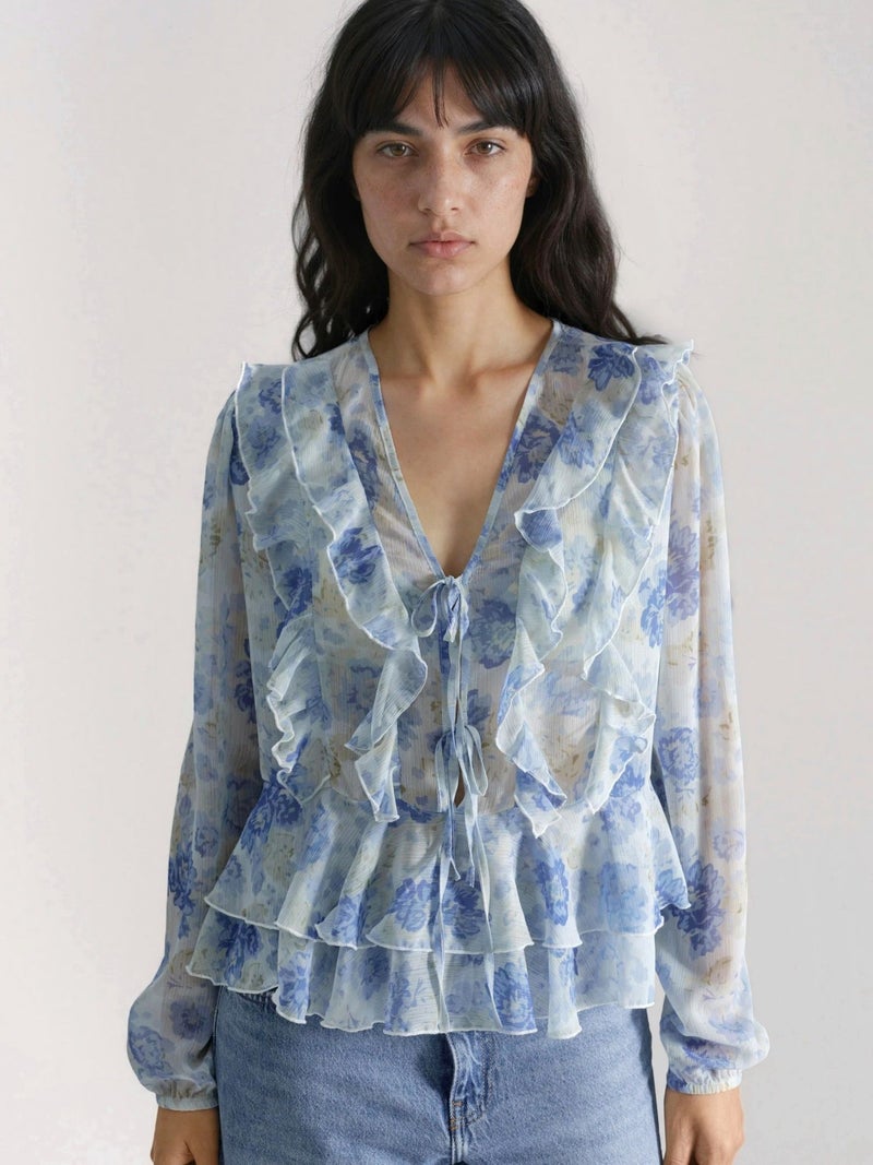 HICCUP Frilly V-Neck Patterned Blouse - Image 1