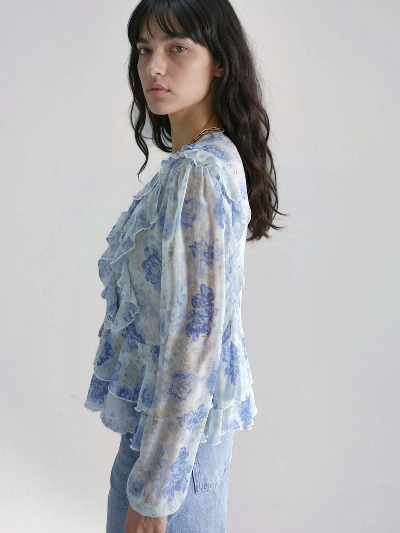 HICCUP Frilly V-Neck Patterned Blouse - Image 2