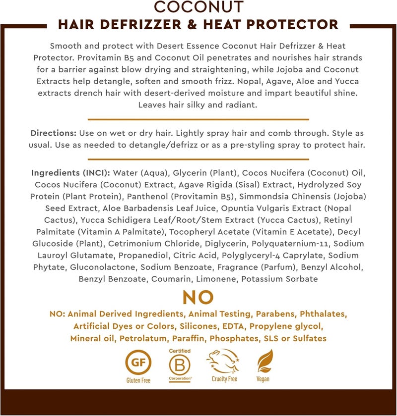 Desert Essence Coconut Hair Defrizzer & Heat Protector Spray 235 ml - Image 5