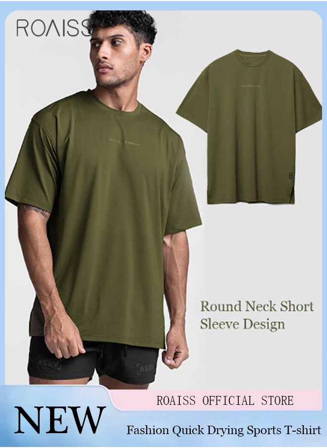 roaiss Men's Loose Fitting Breathable Sports Quick Drying T-Shirt Fashion Round Neck Running Fitness Short Sleeved Top Everyday Versatile Pullover  - Image 1