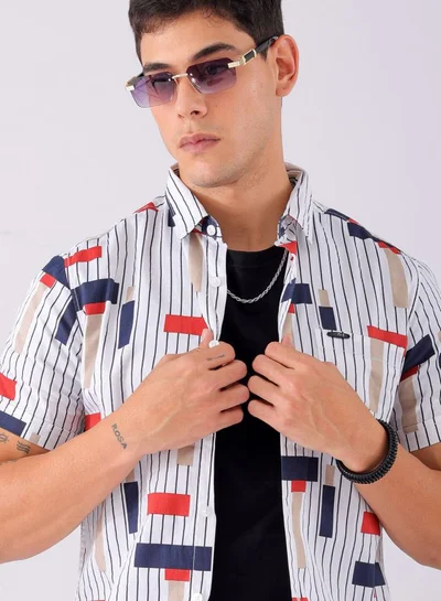 شركة المرآب الهندية Men Slim Fit Geometric Printed Half Sleeves Spread Collar Casual Shirt