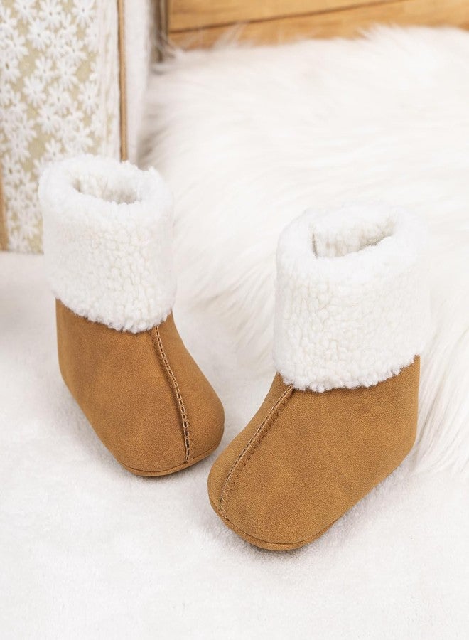 LONSOEN Baby Sherpa Fleece Booties, Soft Sole Crib Shoes for Infant Boys Girls, Faux Suede Warm Booties with Hook & Loop Stay-On Cuff, Newborn Prewalker House Slippers, 6-12 Months 265 Brown - Image 2