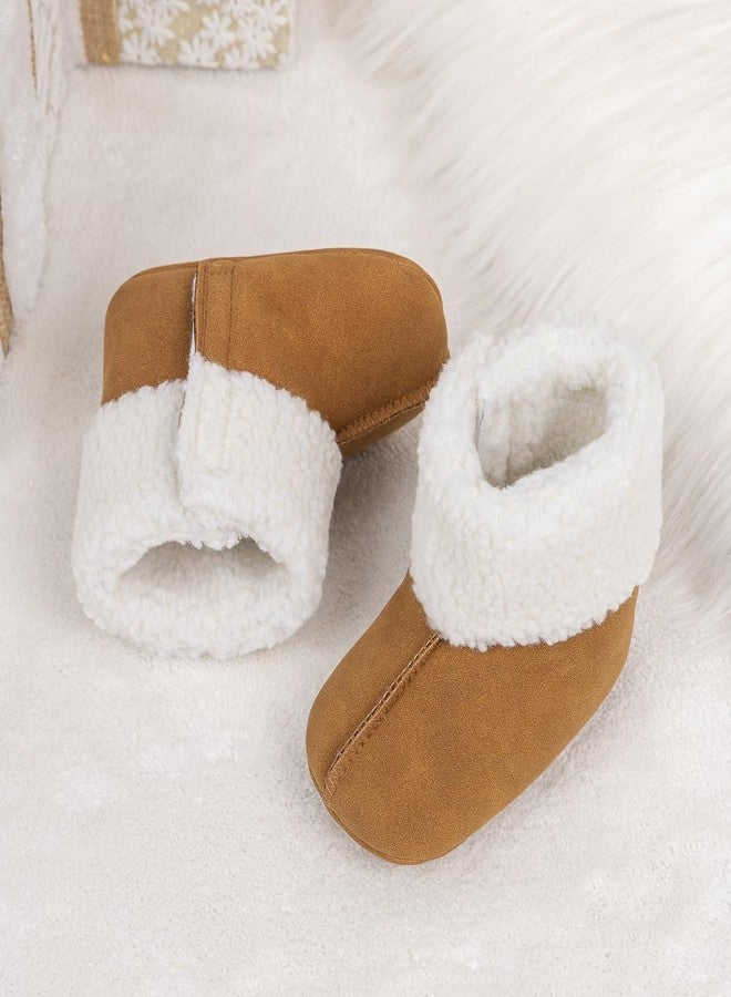 LONSOEN Baby Sherpa Fleece Booties, Soft Sole Crib Shoes for Infant Boys Girls, Faux Suede Warm Booties with Hook & Loop Stay-On Cuff, Newborn Prewalker House Slippers, 6-12 Months 265 Brown - Image 3