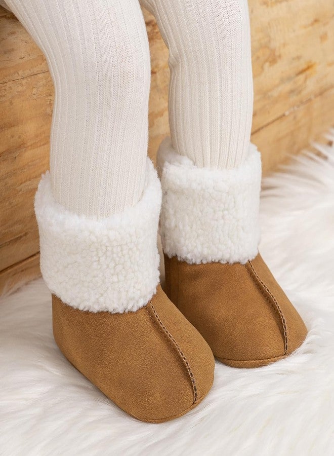 LONSOEN Baby Sherpa Fleece Booties, Soft Sole Crib Shoes for Infant Boys Girls, Faux Suede Warm Booties with Hook & Loop Stay-On Cuff, Newborn Prewalker House Slippers, 6-12 Months 265 Brown - Image 4
