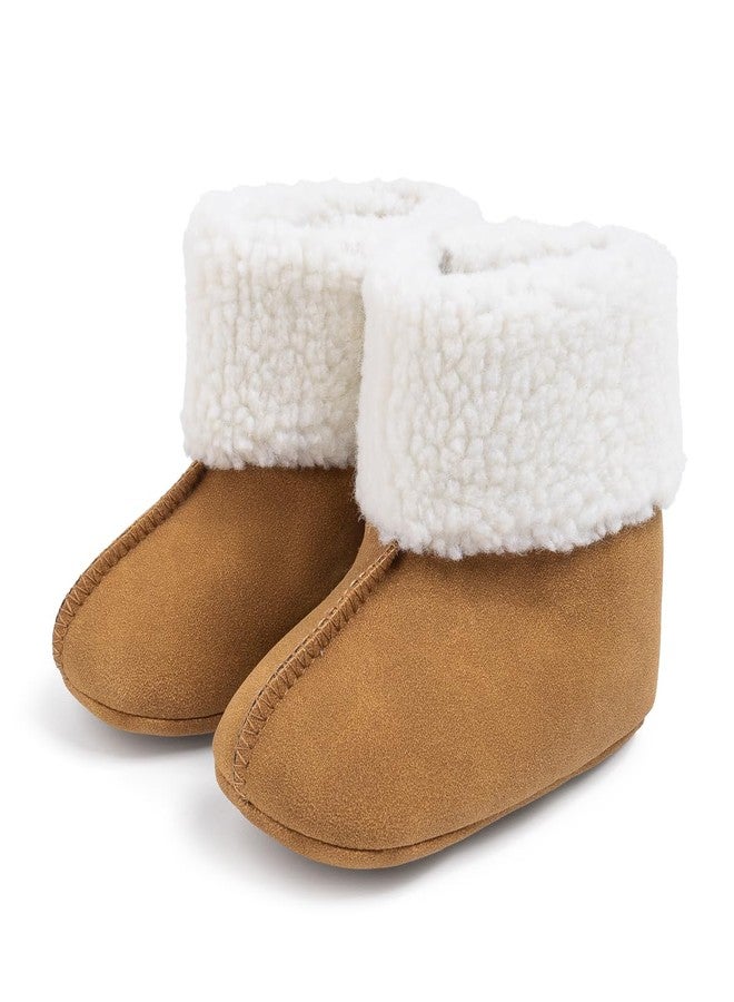 LONSOEN Baby Sherpa Fleece Booties, Soft Sole Crib Shoes for Infant Boys Girls, Faux Suede Warm Booties with Hook & Loop Stay-On Cuff, Newborn Prewalker House Slippers, 6-12 Months 265 Brown - Image 1