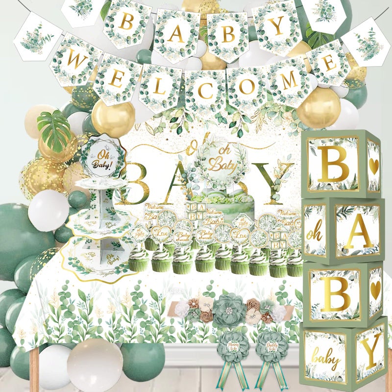 OUNIY Sage Green 172pcs Gender Neutral Baby Shower Decorations Boho Greenery Party Supplies with Oh Baby Backdrop Tablecloth Balloons BABY Box Welcome Banner - Image 2