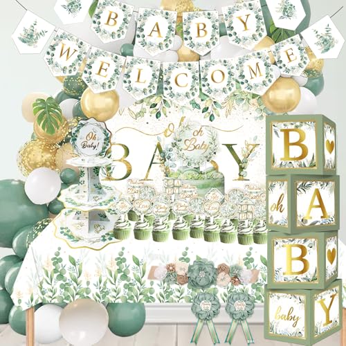 OUNIY Sage Green 172pcs Gender Neutral Baby Shower Decorations Boho Greenery Party Supplies with Oh Baby Backdrop Tablecloth Balloons BABY Box Welcome Banner - Image 1