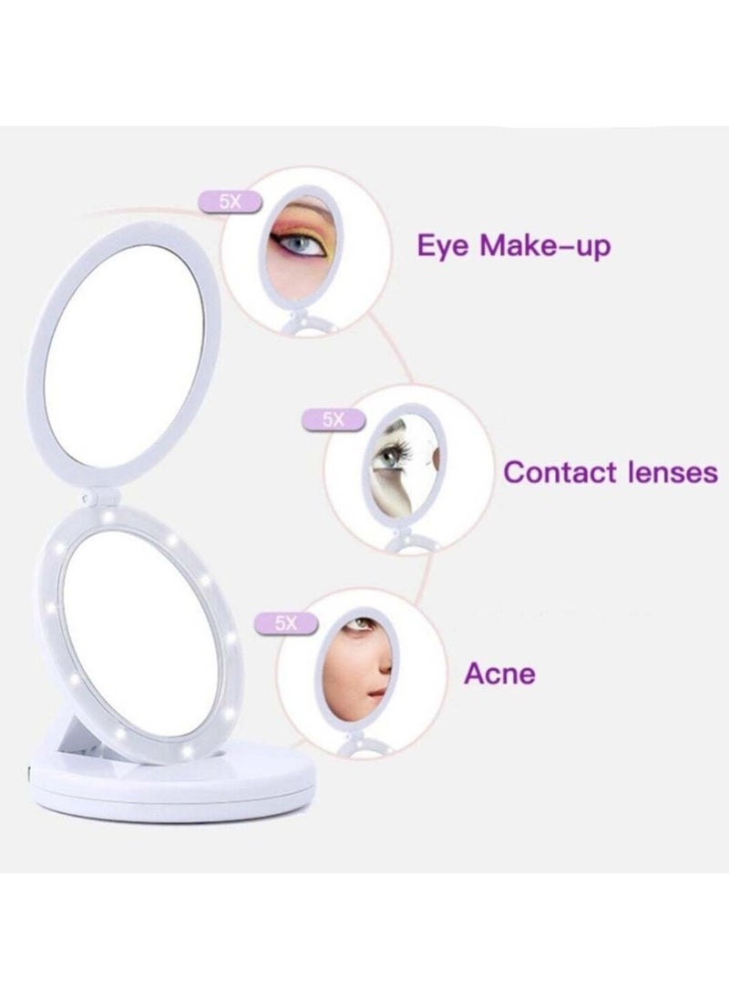 Plan A Double Sided Makeup Mirror with LED Lighted, Foldable Travel Mirror, 6.3 Inch Mirror with 5X Magnification, Portable and Practical Vanity Makeup Mirror, Battery or USB Powered for Perfect Lighting  - Image 2