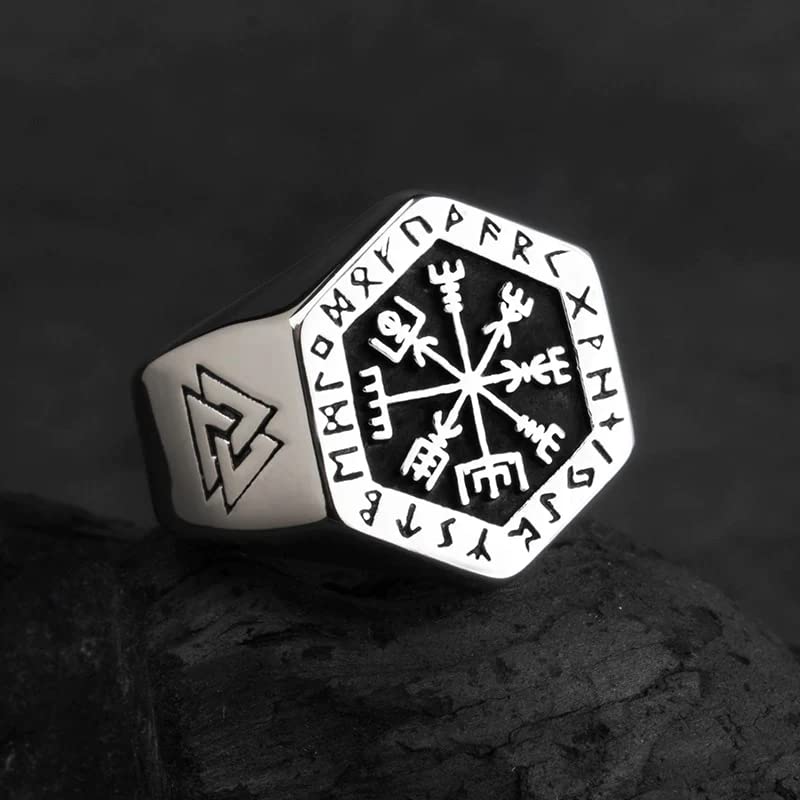 THE MEN THING Viking Totem Compass Ring For Men | Luxury Solid Pure Titanium Steel Ring Jewellery (Silver - Titanium Steel, 22) - Image 4
