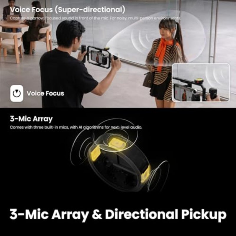 Mic Pro 2 TX + 1 RX + Charging Case,Wireless Mini Lavalier Microphone for iPhone/Camera/Android, Video Recording Vlogging, Bluetooth, Customizable E-ink Display, 3-Mic Array, 30hrs Use, Lightweight ABS Plastic, Noise-Canceling, Black, Ultra-Portable Design - Image 3