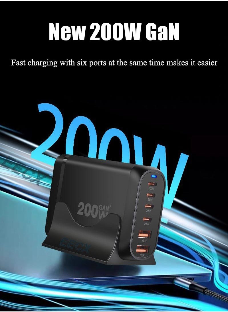 Carebao - GaN 200W USB C Charger 4-Port Type C Fast Charging Hub, Wall Adapter Power Strip with 4 PD USB C and 2 QC USB A Ports for MacBook, Samsung, iPhone, iPad - Efficient Multifunctional Charging Station - Image 1