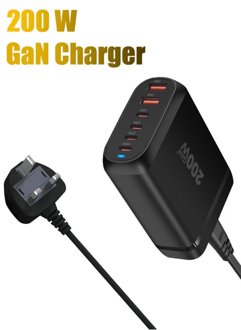 GaN 200W USB C Charger 4-Port Type C Fast Charging Hub, Wall Adapter Power Strip with 4 PD USB C and 2 QC USB A Ports for MacBook, Samsung, iPhone, iPad - Efficient Multifunctional Charging Station