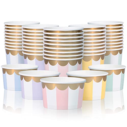 Confettiville Paper Ice Cream Cups, 50-Count 5.5-Oz Disposable Dessert Bowls for Hot or Cold Food, 5.5-Ounce Party Supplies Treat Cups, 5 Colors Pastel Stripes with Scalloped Gold Foil - Image 1