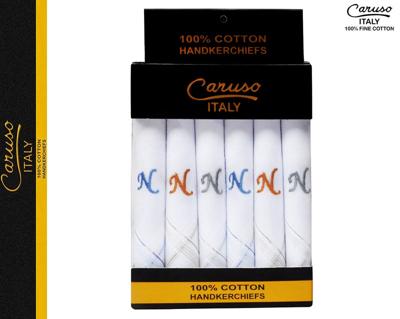 Caruso Italy كاروسو إيطاليا مناشف قطنية رجالية بنقش أولي N مطرزة 100% قطن نقي قاعدة بيضاء مع حافة ملونة - عبوة من 6 - Image 2