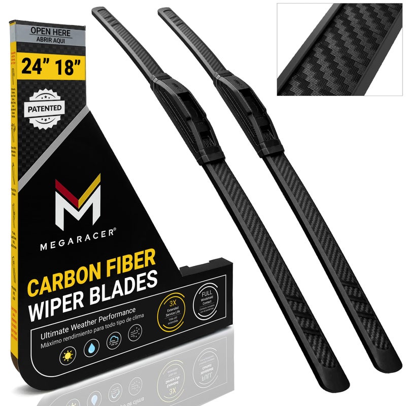 Mega Racer Premium Silicone Carbon Fiber Windshield Wiper Blades 24" & 18" - Patented All-Season, Quiet & Smooth Streak-Free Clean Wipe, OEM Quality, Front Automotive Replacement Wipers for Car & Truck (2 Pack) - Image 1