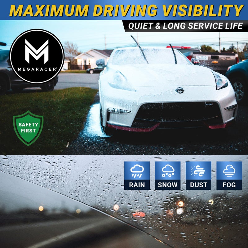 Mega Racer Premium Silicone Carbon Fiber Windshield Wiper Blades 24" & 18" - Patented All-Season, Quiet & Smooth Streak-Free Clean Wipe, OEM Quality, Front Automotive Replacement Wipers for Car & Truck (2 Pack) - Image 4