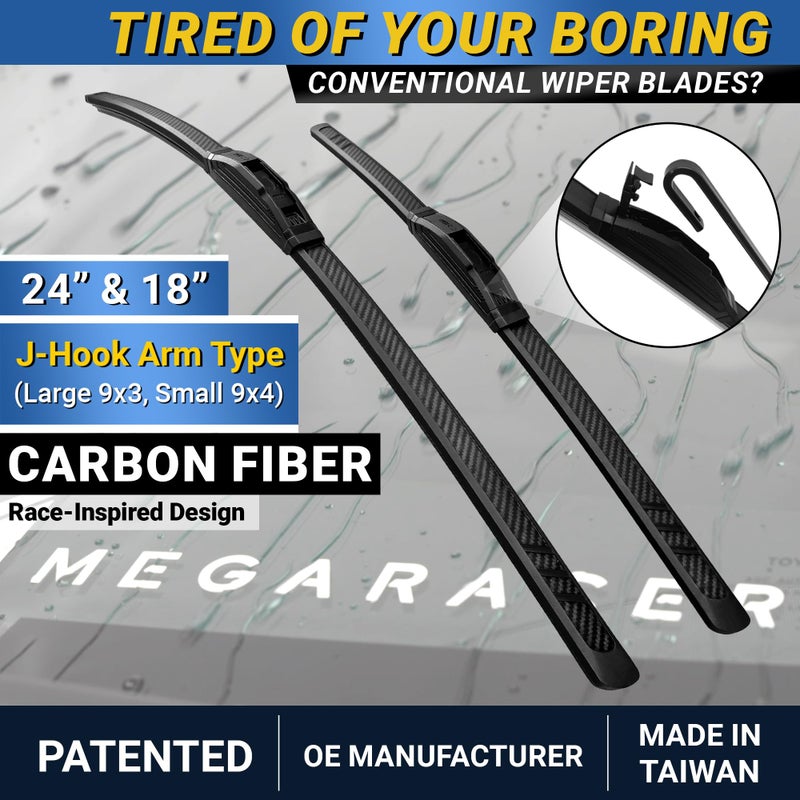 Mega Racer Premium Silicone Carbon Fiber Windshield Wiper Blades 24" & 18" - Patented All-Season, Quiet & Smooth Streak-Free Clean Wipe, OEM Quality, Front Automotive Replacement Wipers for Car & Truck (2 Pack) - Image 2