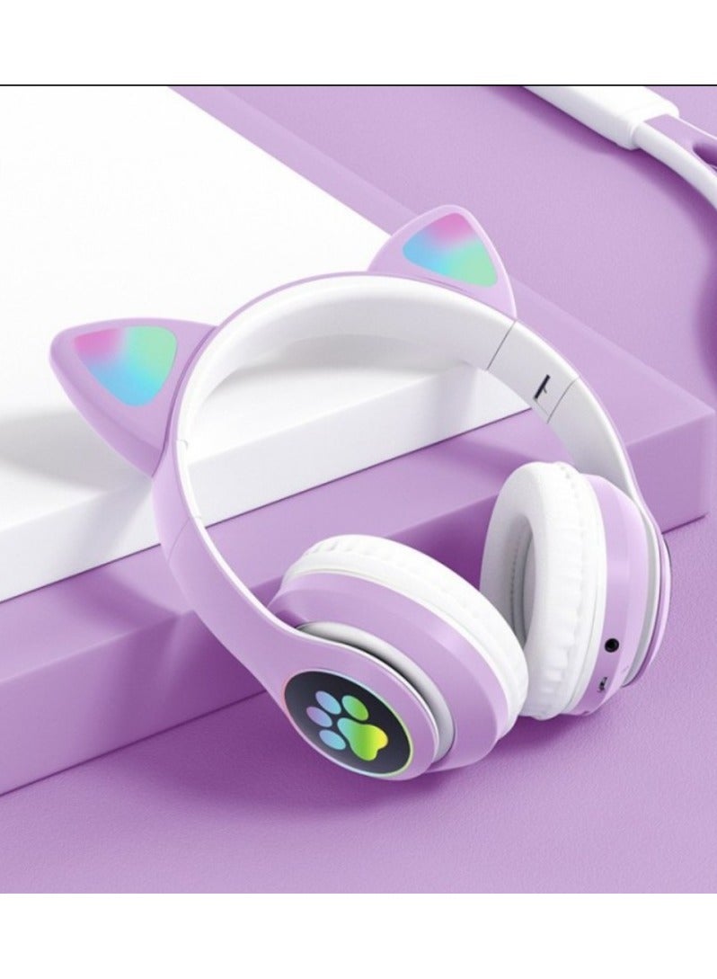 سماعات رأس ستريو لاسلكية بإضاءة ليد وشكل قطة
