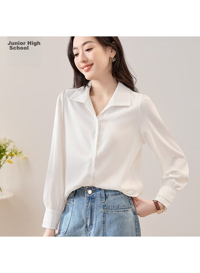 First Application Chushen Chunqiu Long-sleeve Shirt For Women, French-style Elegant Satin Design, Professional Commute Casual White Blouse S43s002 - Image 1