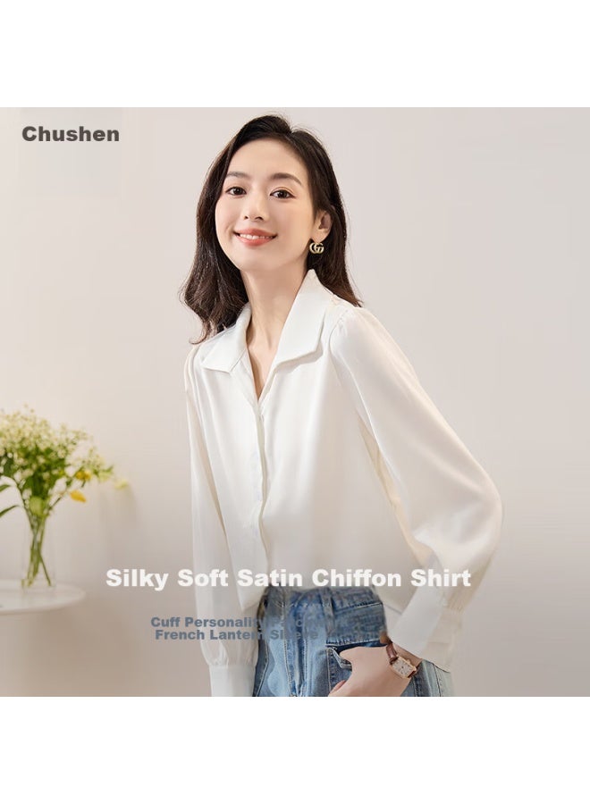 First Application Chushen Chunqiu Long-sleeve Shirt For Women, French-style Elegant Satin Design, Professional Commute Casual White Blouse S43s002 - Image 2