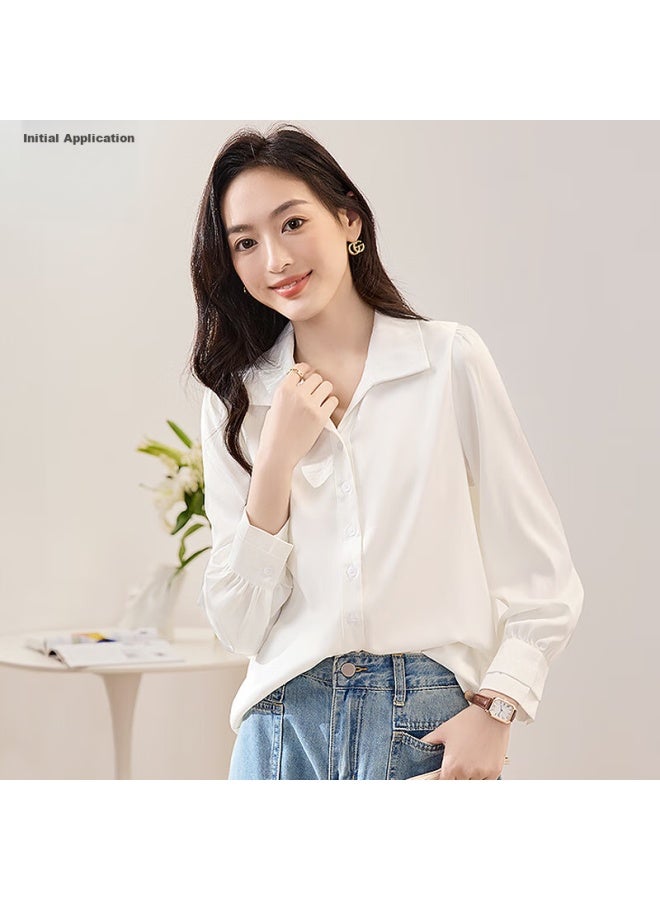 First Application Chushen Chunqiu Long-sleeve Shirt For Women, French-style Elegant Satin Design, Professional Commute Casual White Blouse S43s002 - Image 5