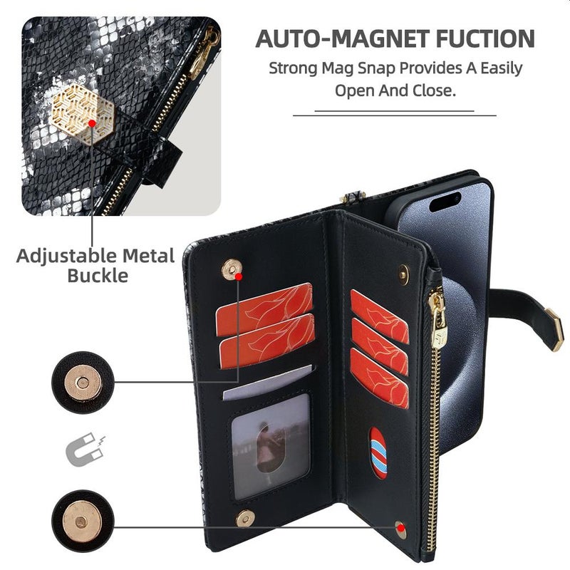 HuHa Case Cover For Redmi 14C 4G Crossbody Handle Snake Texture Leather Phone Case(Black) - Image 3