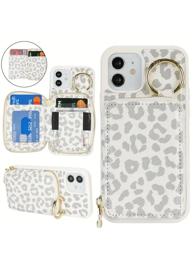 White Leopard Print Phone Wallet Compatible with iPhone 12 Pro Card Slot Zipper Compartment Ring Holder - Image 1