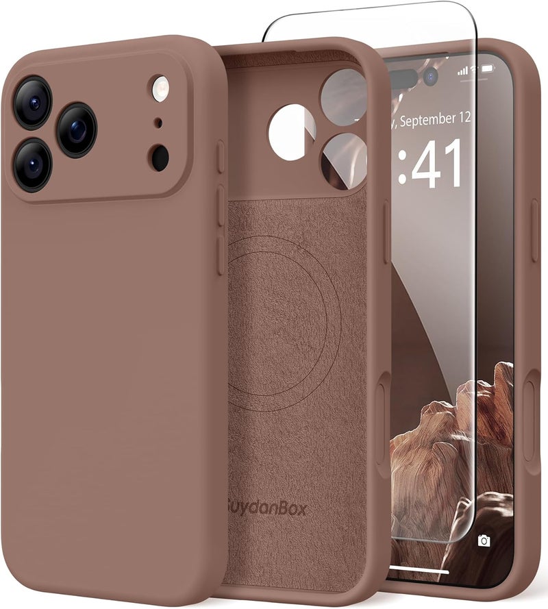 SUYDANBOX Magnetic for iPhone 17 Pro Case, Compatible with MagSafe, [Full Camera Protection][Screen Protector] Silicone Shockproof Protective Phone Case for iPhone 17 Pro 6.3", Brown - Image 1