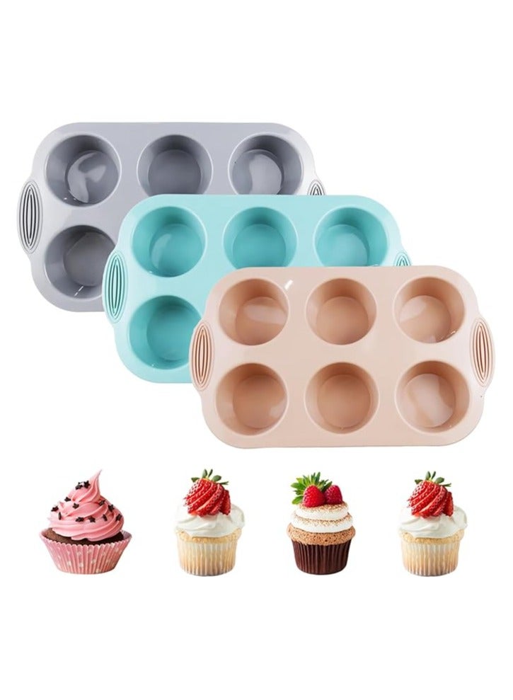 3 Pcs Silicone Muffin Pan,6-Cavity Nonstick Baking Tray for Brownies, Muffins,Jellies, Pudding, Sandwich Cookies, Food Grade Pack of 3 Colors - Image 1